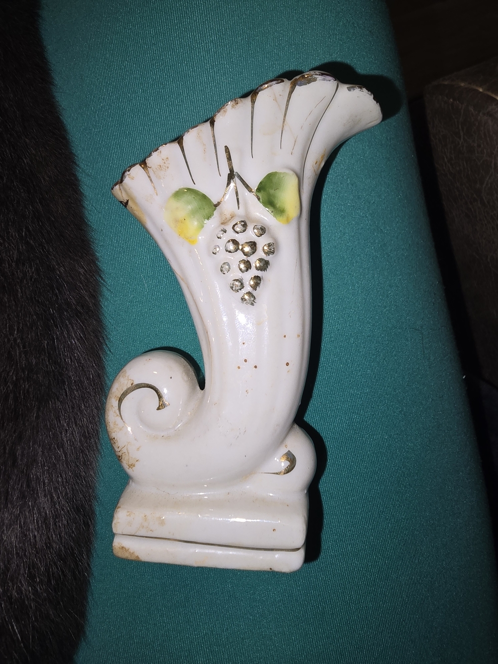 Antique Ceramic Cornucopia Vase Japan Grape Leaf Design